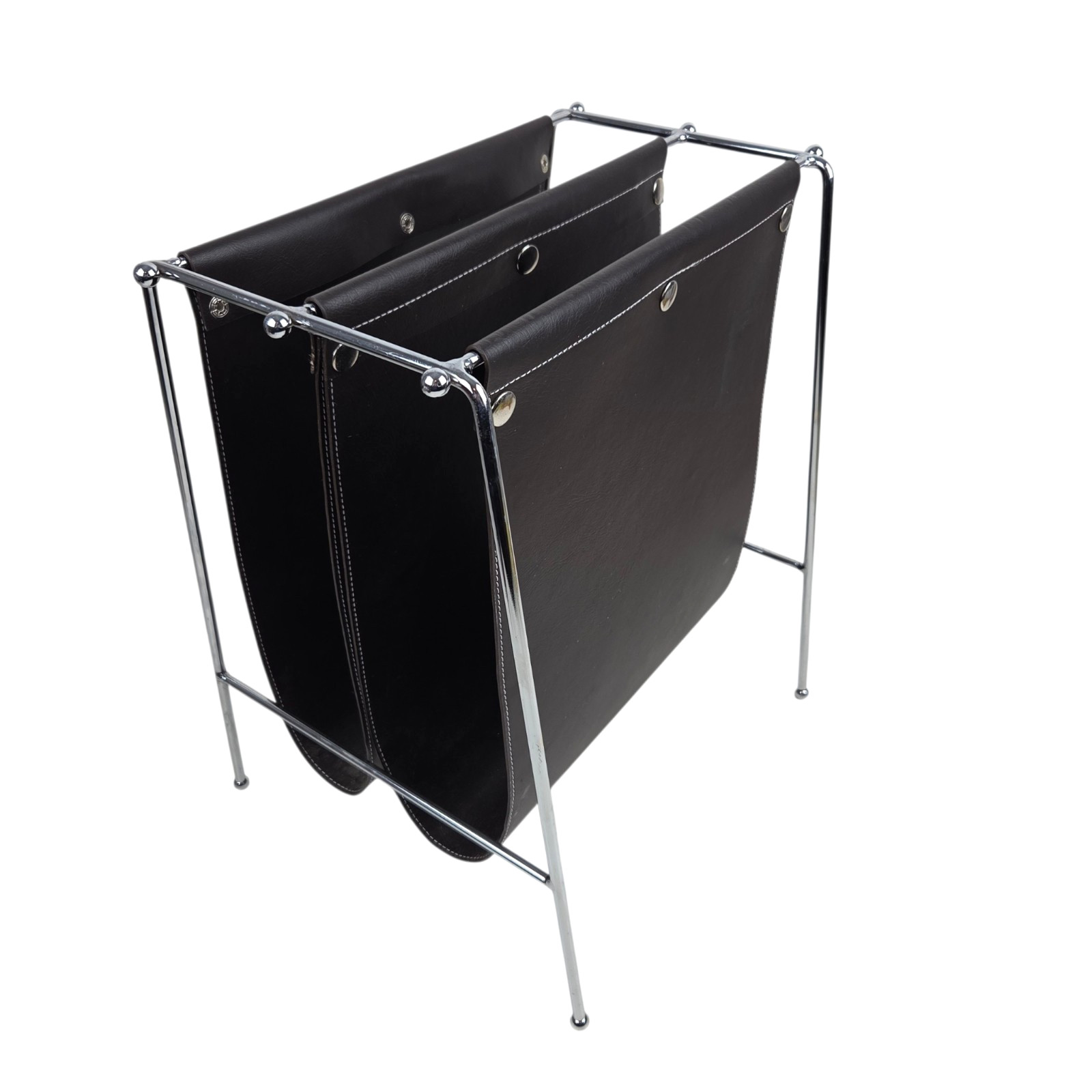 Mid Century Jacques Adnet Style Leather Grain Black Vinyl Chrome Magazine Rack