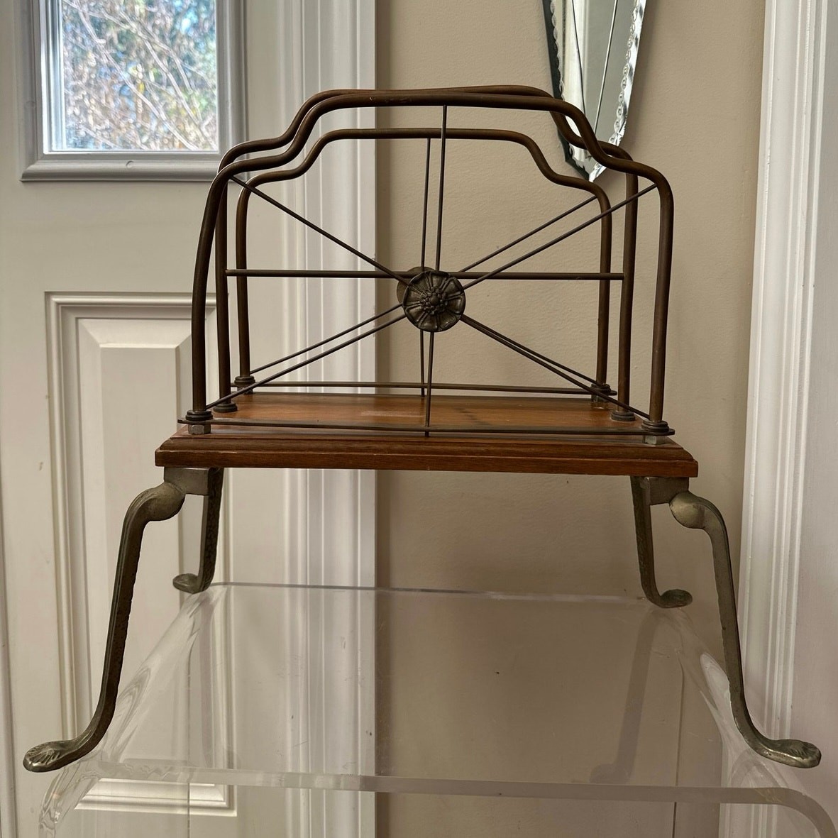 Vintage MCM Brass Wood Magazine Rack Holder footed art nouveau Hollywood regency