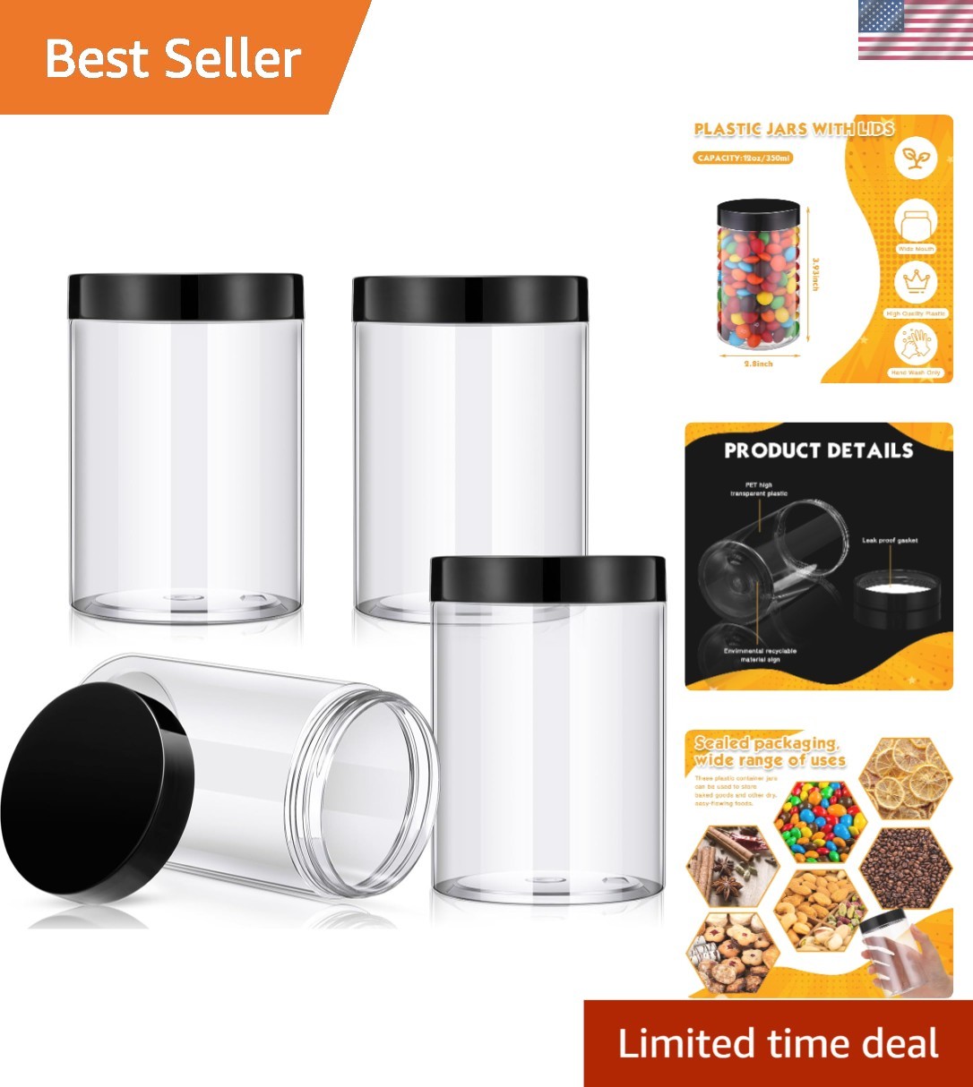 Set of 4 Leak Proof 12oz Wide-Mouth Plastic Jars with Lids for Beauty Essentials