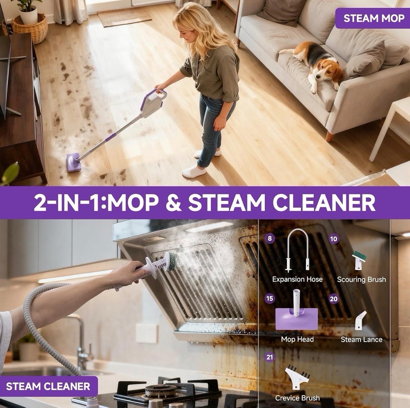 Steam Mop,1300W Powerful Detachabl Handheld Steamer-11 Multi-purpose Accessories