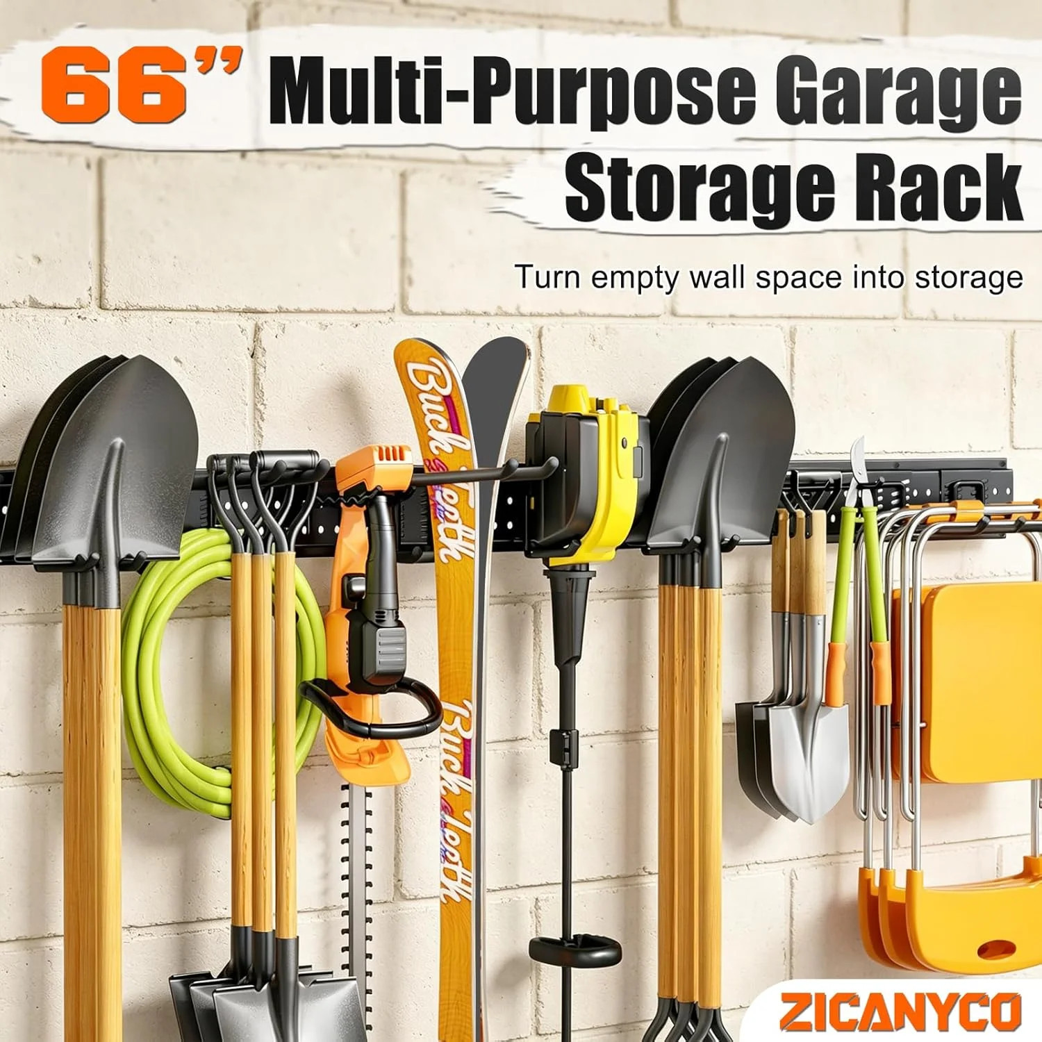 Garage Tool Organizer Wall Mount 66 inches with 13 Adjustable Heavy-Duty Hooks,