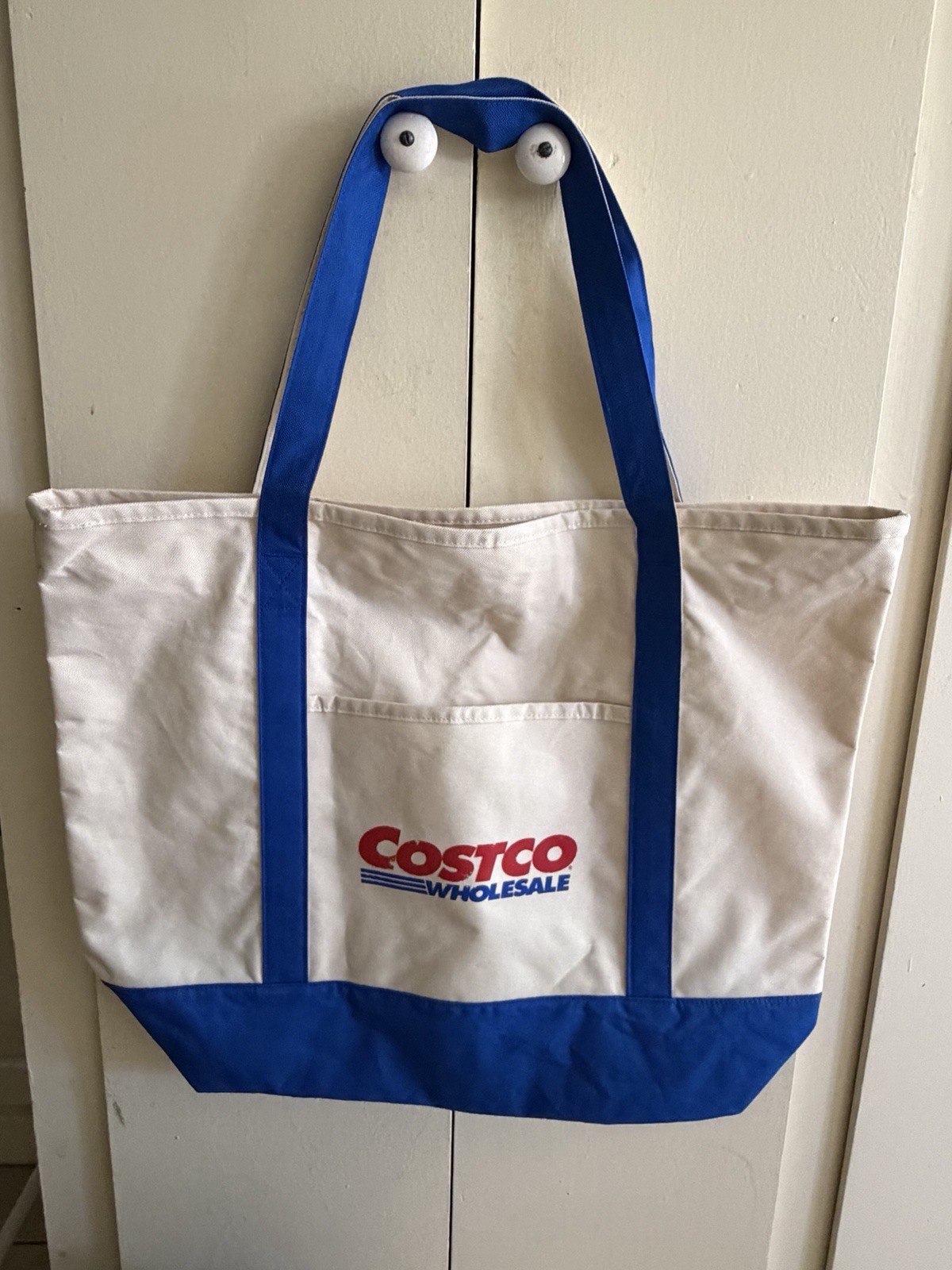 Costco Large Blue and White Zipper Cotton Canvas Shopping Tote Bag Reusable 15”