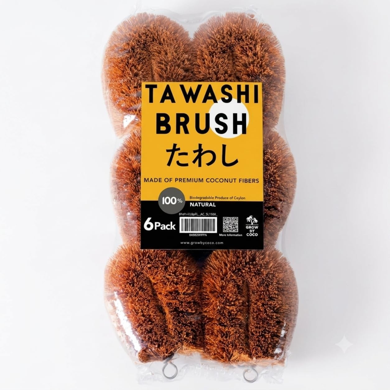 Pack of 6 Tawashi Vegetable Scrub Brush,100% Natural Coconut Coir Fiber