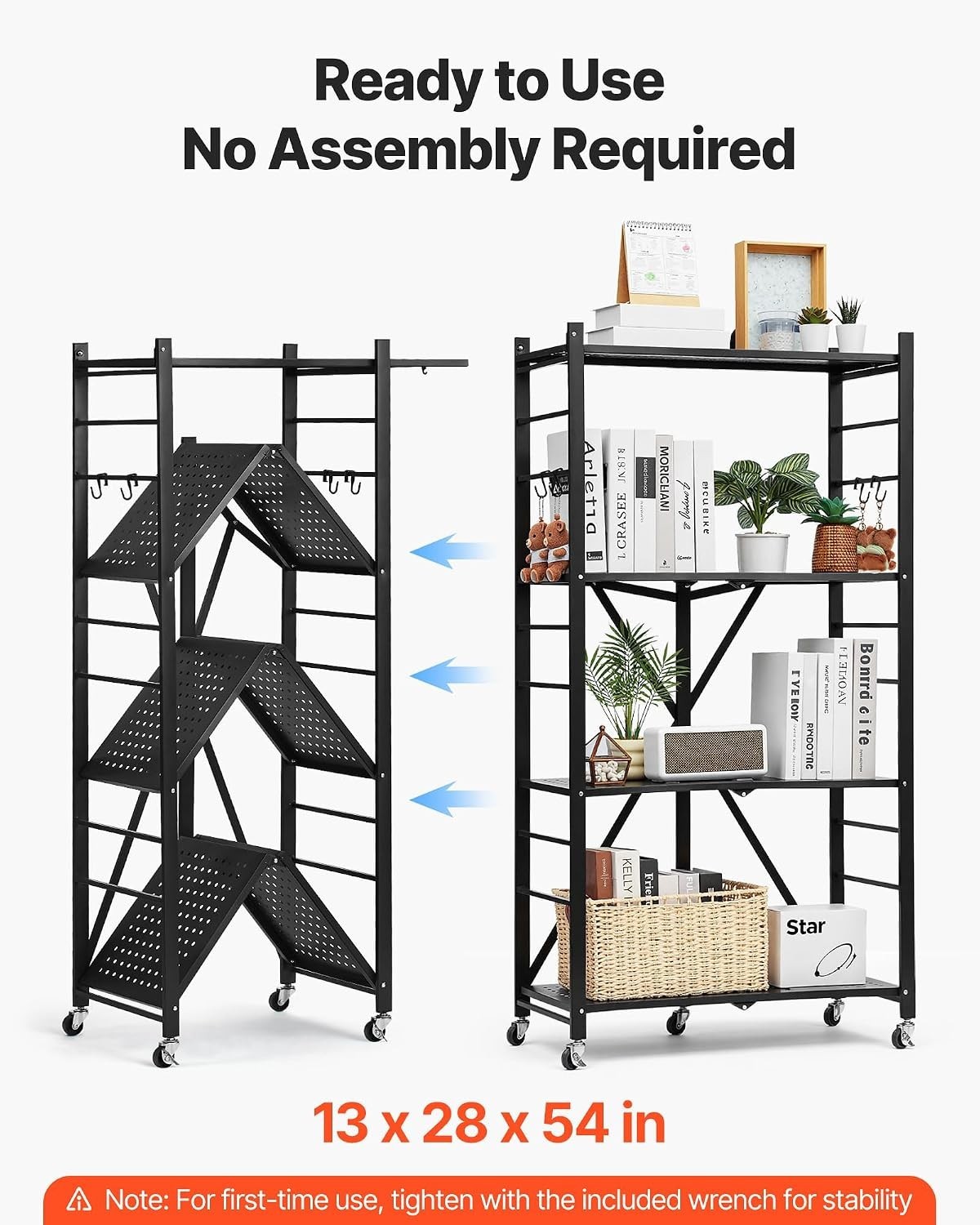 VEVOR 4-Tier Foldable Storage Shelf, 28W x 13D x 54H Inch Metal Rack Shelves