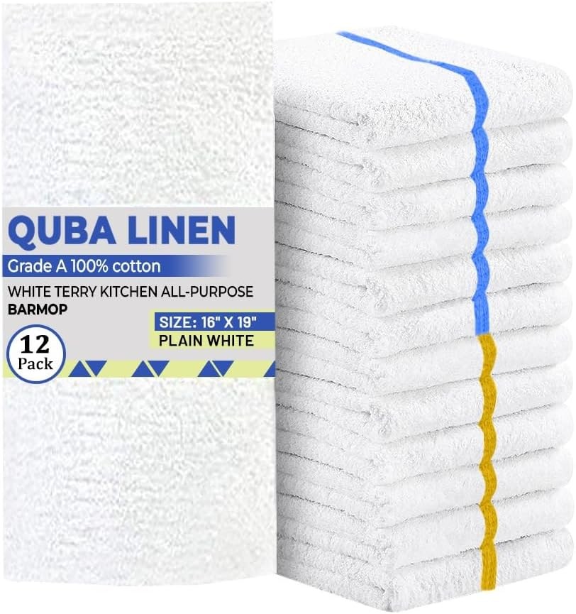 QUBA Linen – Bar Mops Towels, 12 Pack Premium Quality 100% Cotton, Size 16×19