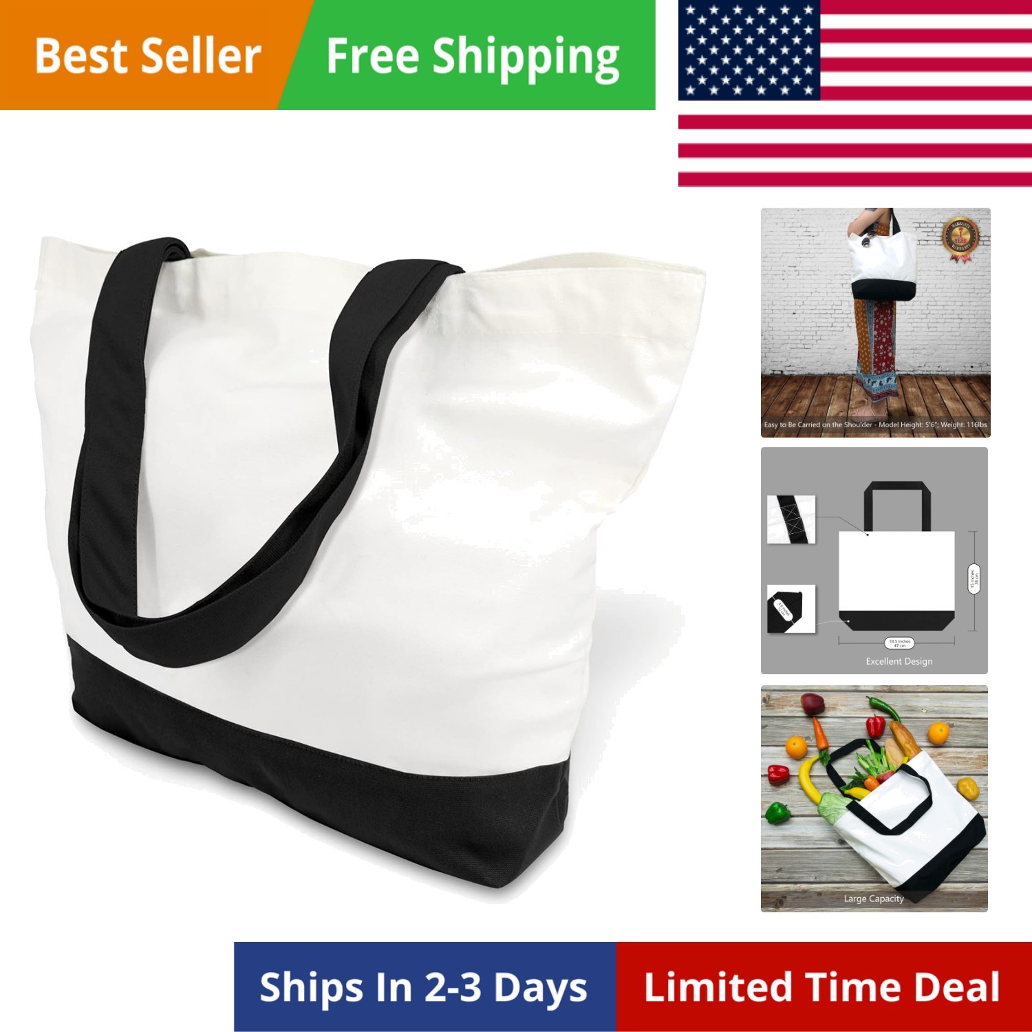 3-Pack Super Strong Large 12oz Cotton Canvas Tote Bags, Reusable Grocery Shop…