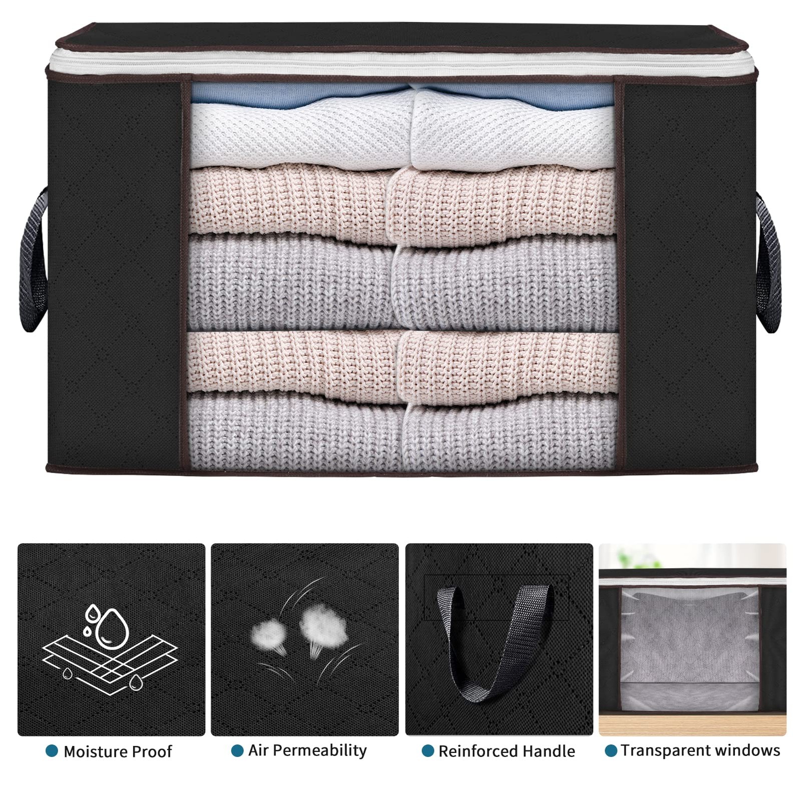 4 PCS 90L Large Clothes Storage Bags Foldable Closet Organizer Bins Black