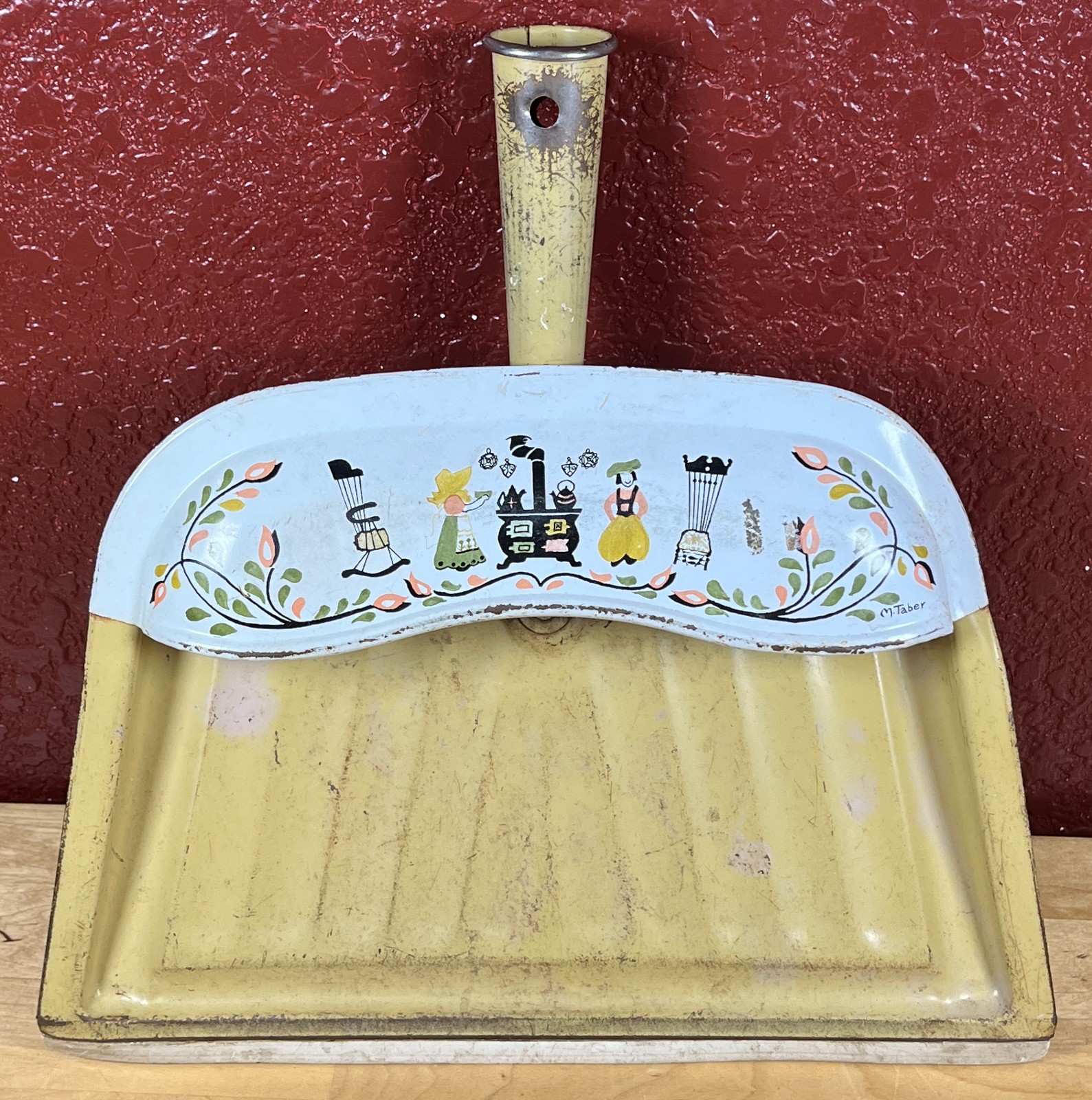 J.V. Reed Louisville USA Vtg Dustpan Lithograph Metal M. Taber Amish Folk Floral