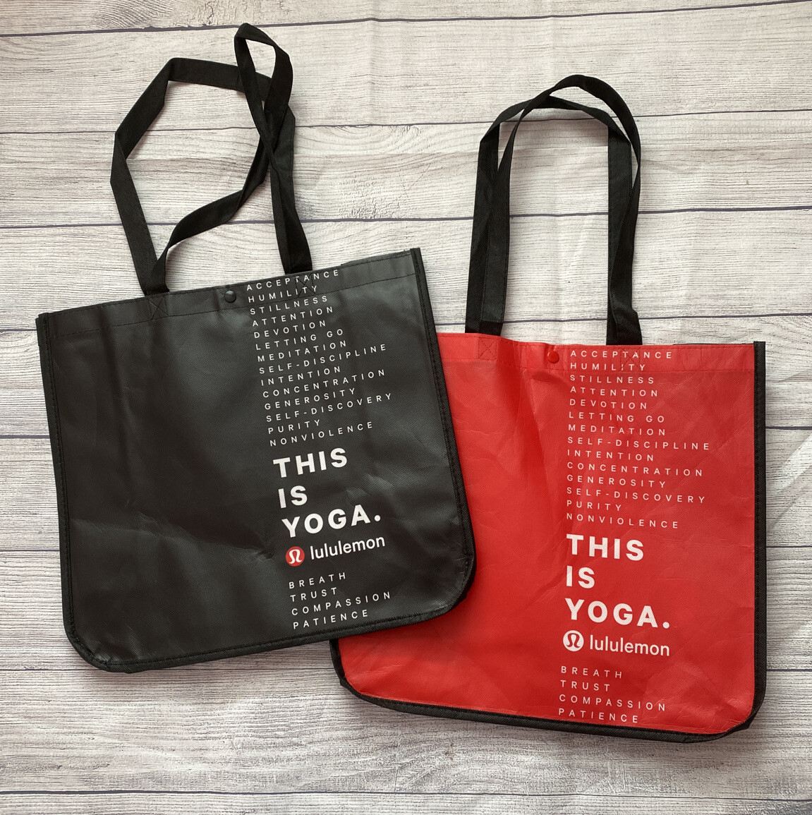 LOT/2 LARGE Lululemon Reusable Shopping Bags BLACK and RED This Is Yoga.