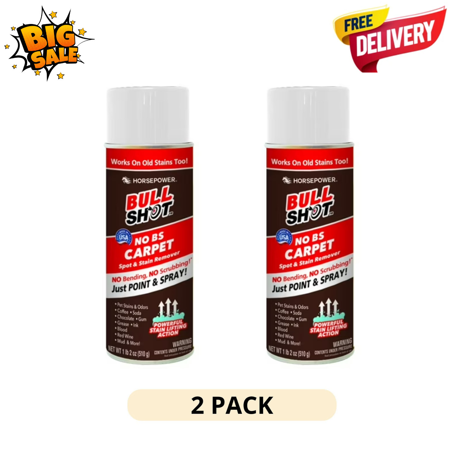 2 Pack Horsepower Bull Shot Spot Stain Remover Carpet Upholstery Cleaner Spray