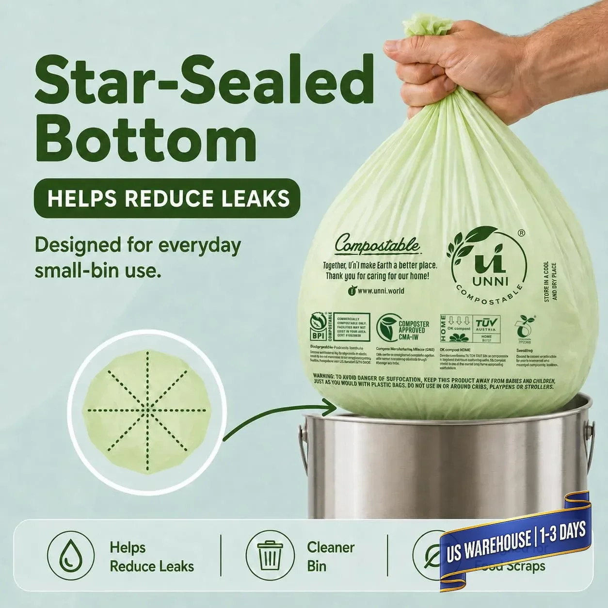 Compostable Trash Bags, 2.6 Gallon / 9.84 Liter, 100 Count, Extra Thick 0.7