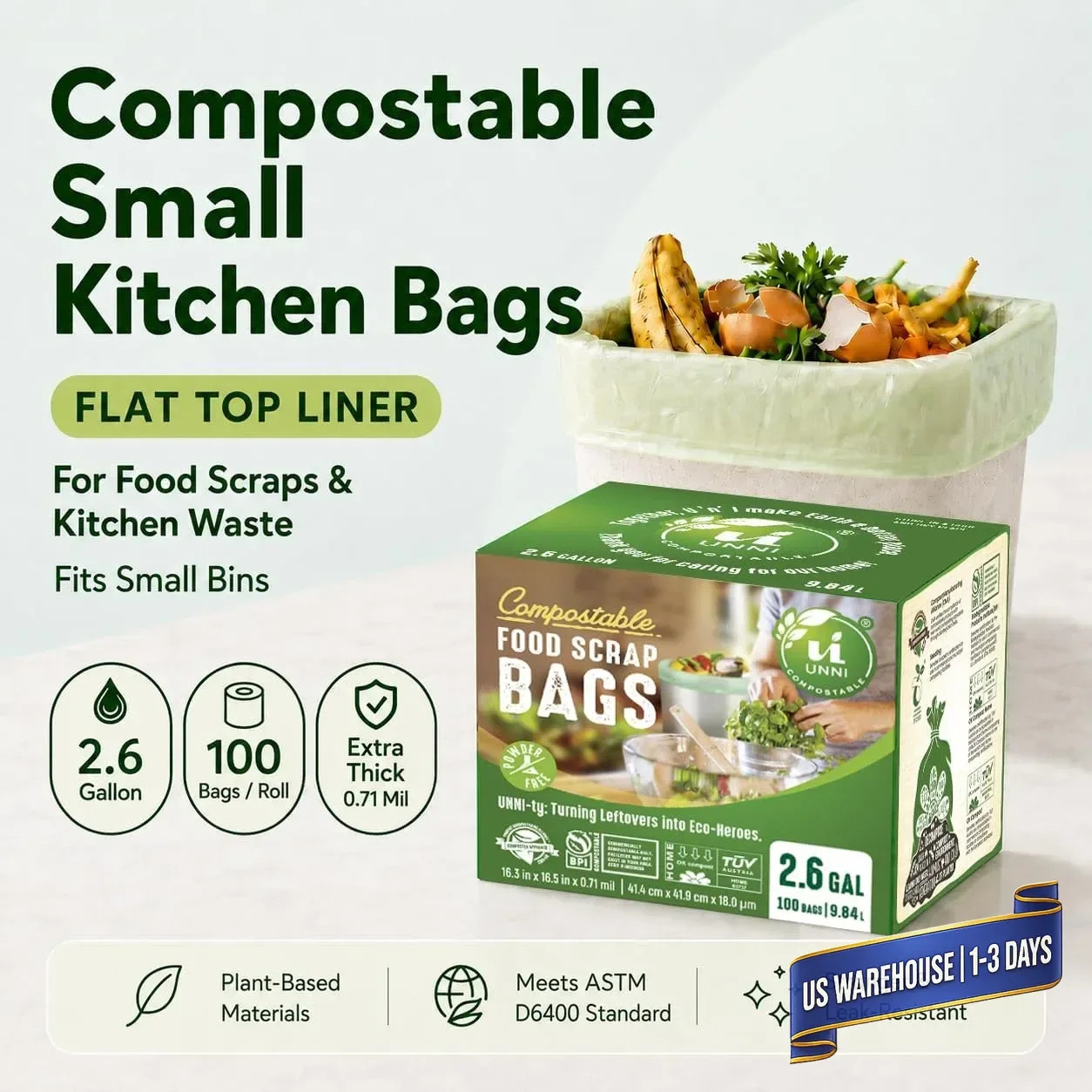 Compostable Trash Bags, 2.6 Gallon / 9.84 Liter, 100 Count, Extra Thick 0.7