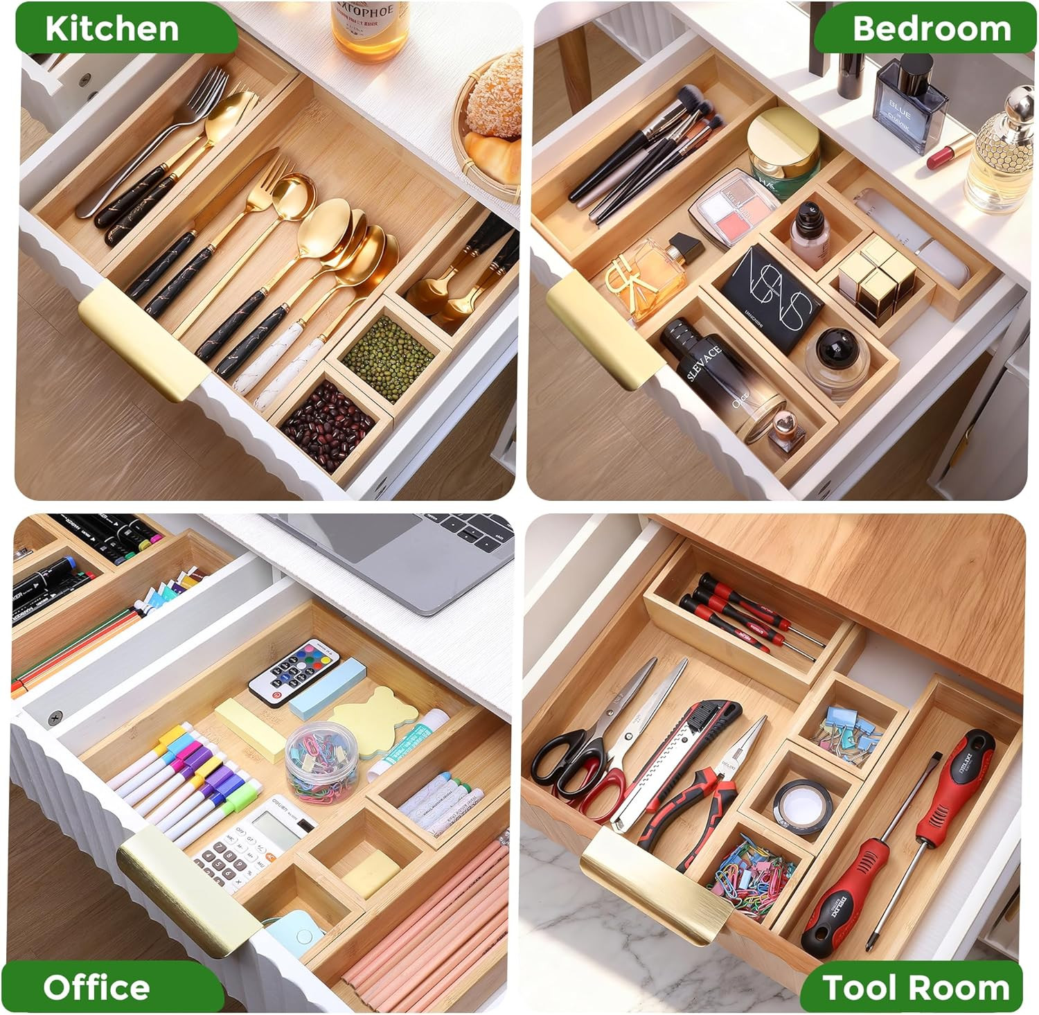 Bamboo Drawer Organizer Set, 14 PCS Multi-Use Individual Wood Storage Organizers