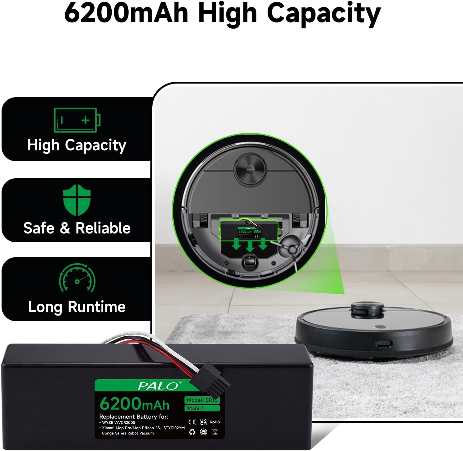 6200mAh Replacement Battery Compatible with Wyze Robot Vacuum Xiaomi Mop Haier