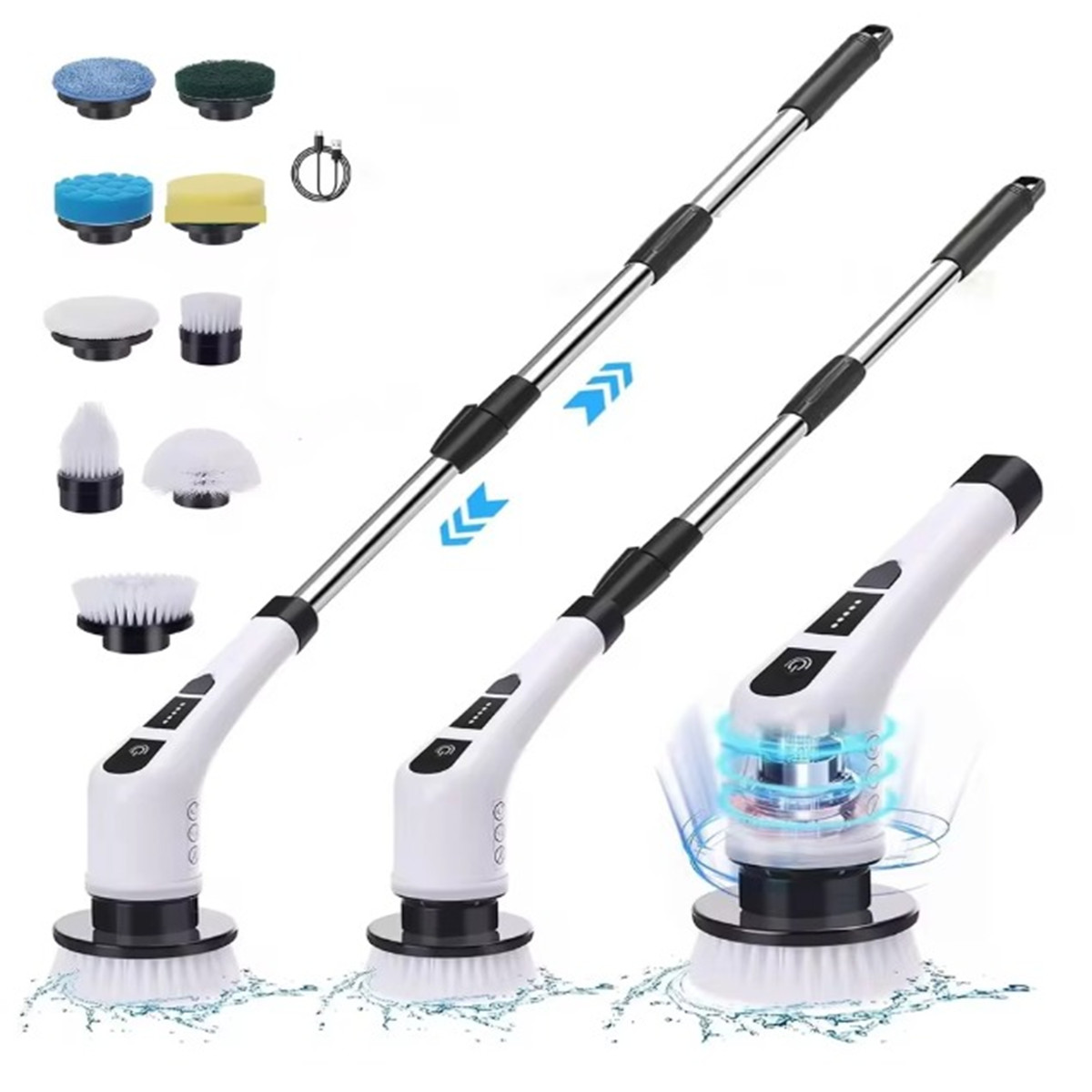 10 in1 Electric Spin Scrubber Extra Length 9 Brush Heads Retractable Handle