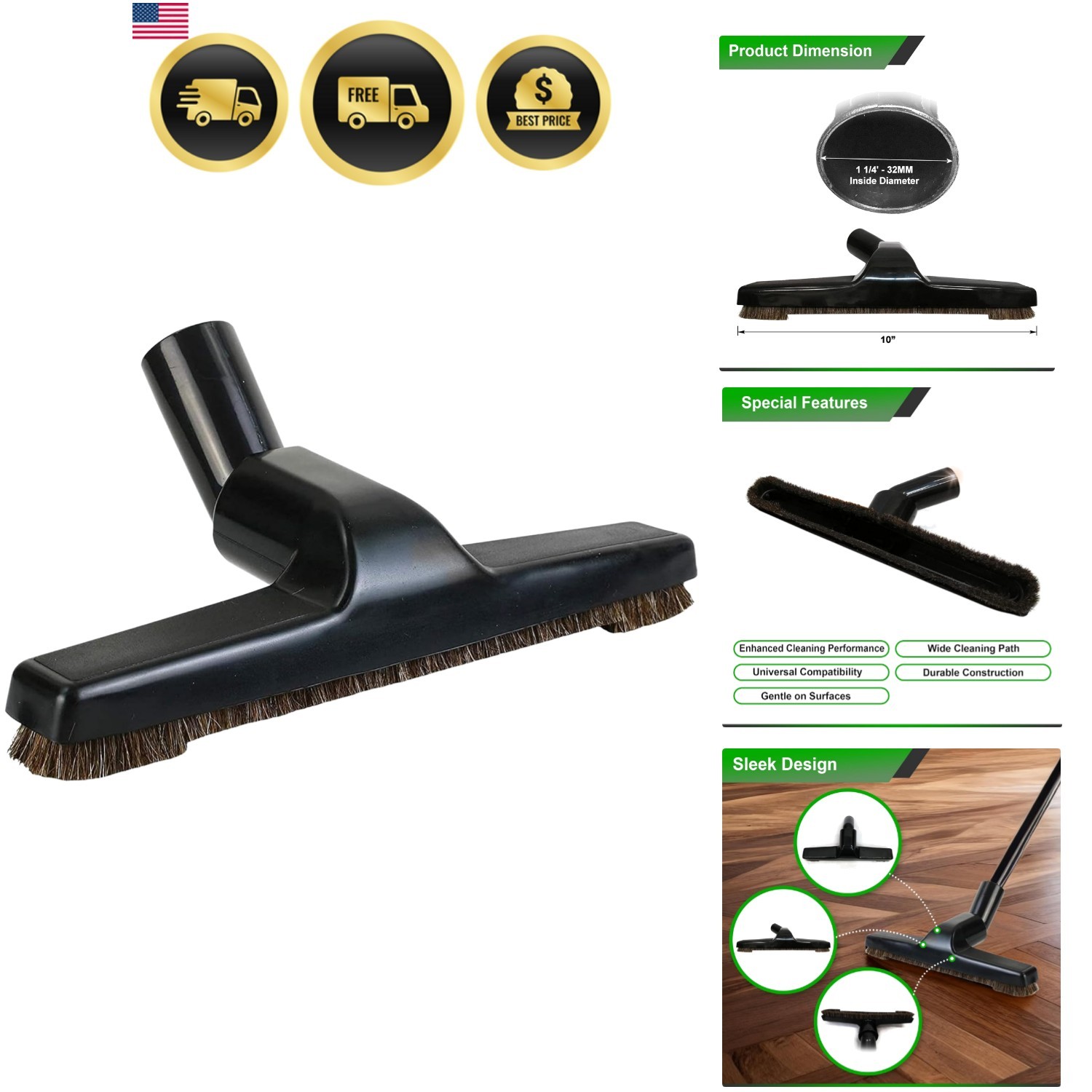 Universal 1 ¼ Inch mm Black Vacuum Cleaner Floor Brush 10″ Wide 1 Brush Only