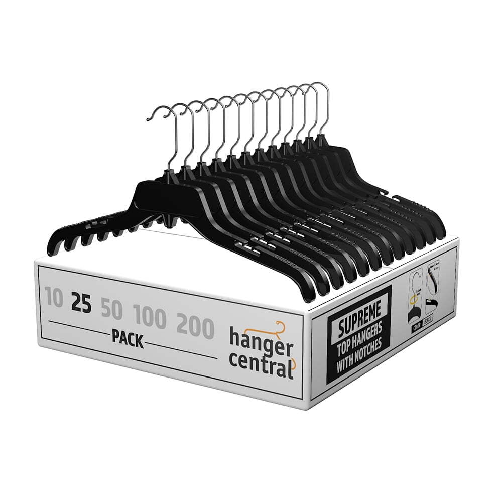 25 Pack Durable Plastic Clothing Hangers with Metal Swivel Hooks, 17 inch,Black