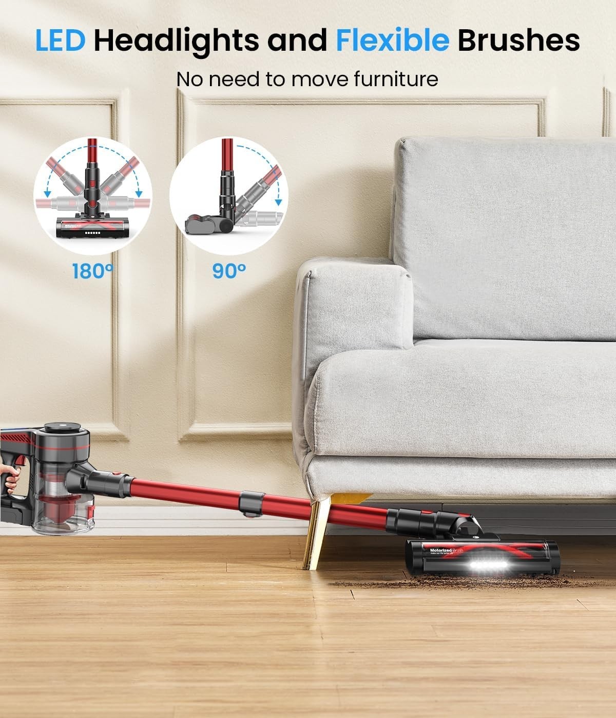 CHEBIO Cordless Vacuum Cleaner, Stick Vacuum with Powerful Suction, 45Mins Ru