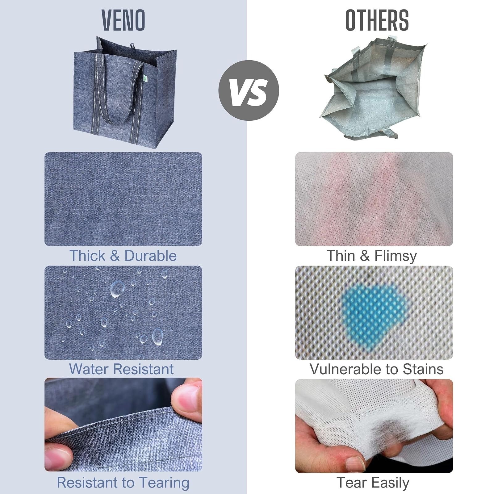 VENO 4 Pack Large Reusable Grocery Bags with Hard Bottom – Gray