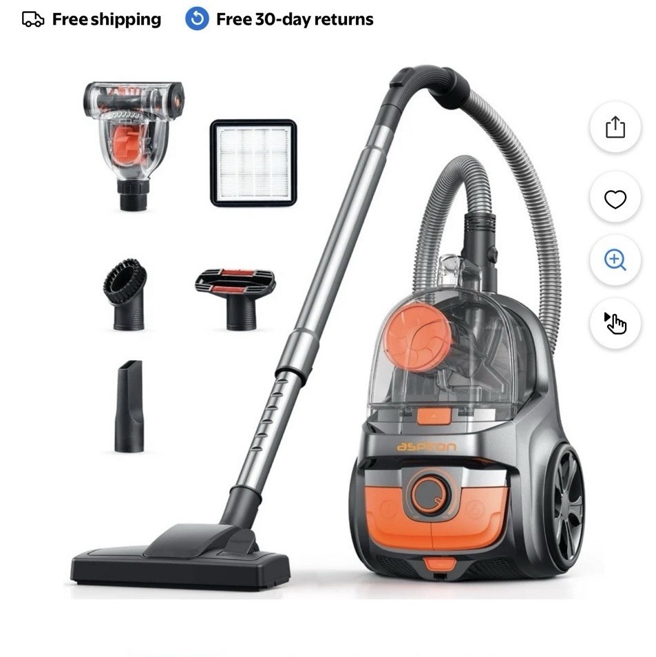 Aspiron AS-CA006 Canister Vacuum Bagless HEPA 3.7QT Black-Orange