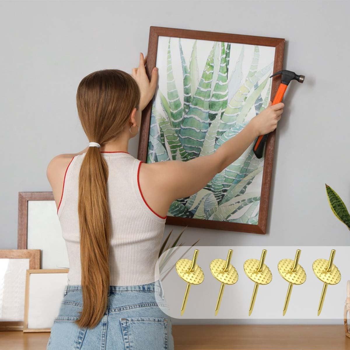 50pcs Picture Hanging Nails Hooks Frame Hangers Kit for Drywall Wood Gold
