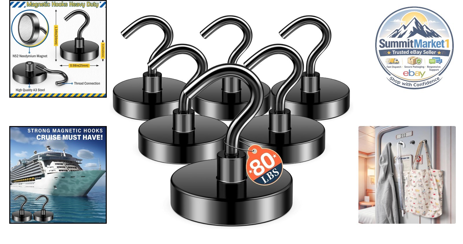 Black Magnetic Hooks, 80LB Capacity, 6 Pack for Cruise Cabins