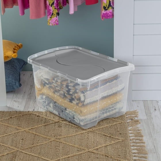 Clear Plastic Storage Container with Hinge Lid 48 Quart Medium FlipLid Bin Gray