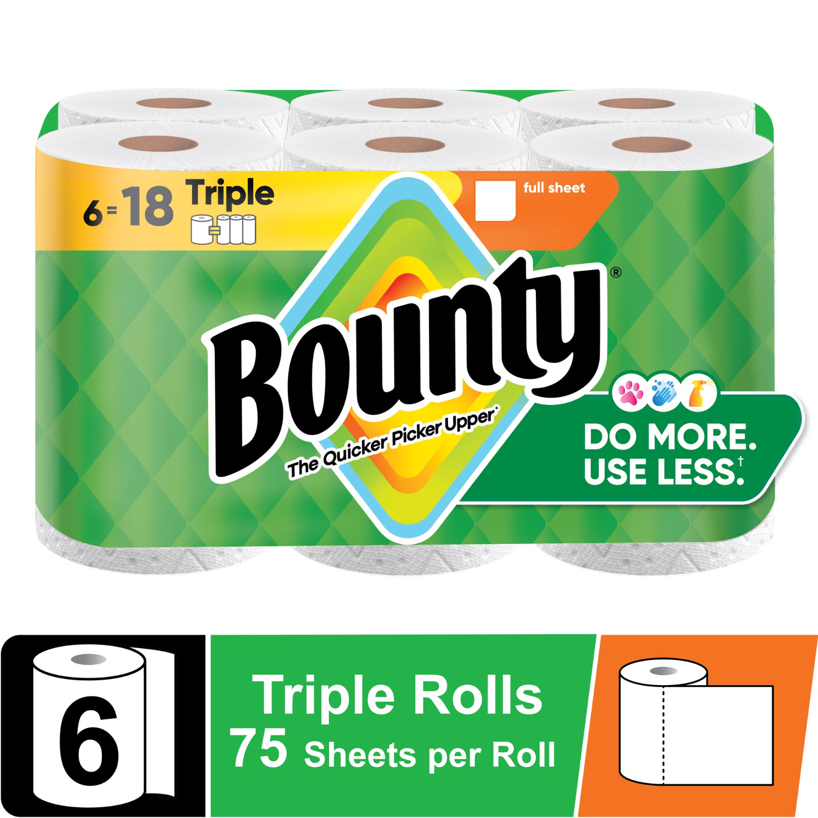 Bounty Paper Towels Full Sheet White, 6 Triple Rolls, 75 Sheets per Roll