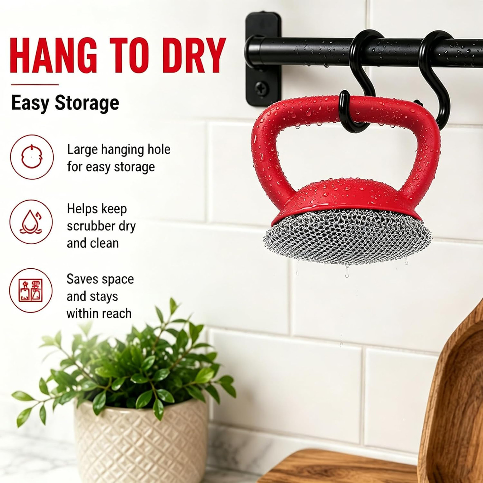 Cast Iron Scrubber Heavy Duty Handle 3mm Fine Ring Kitchen Cleaning Tool Red