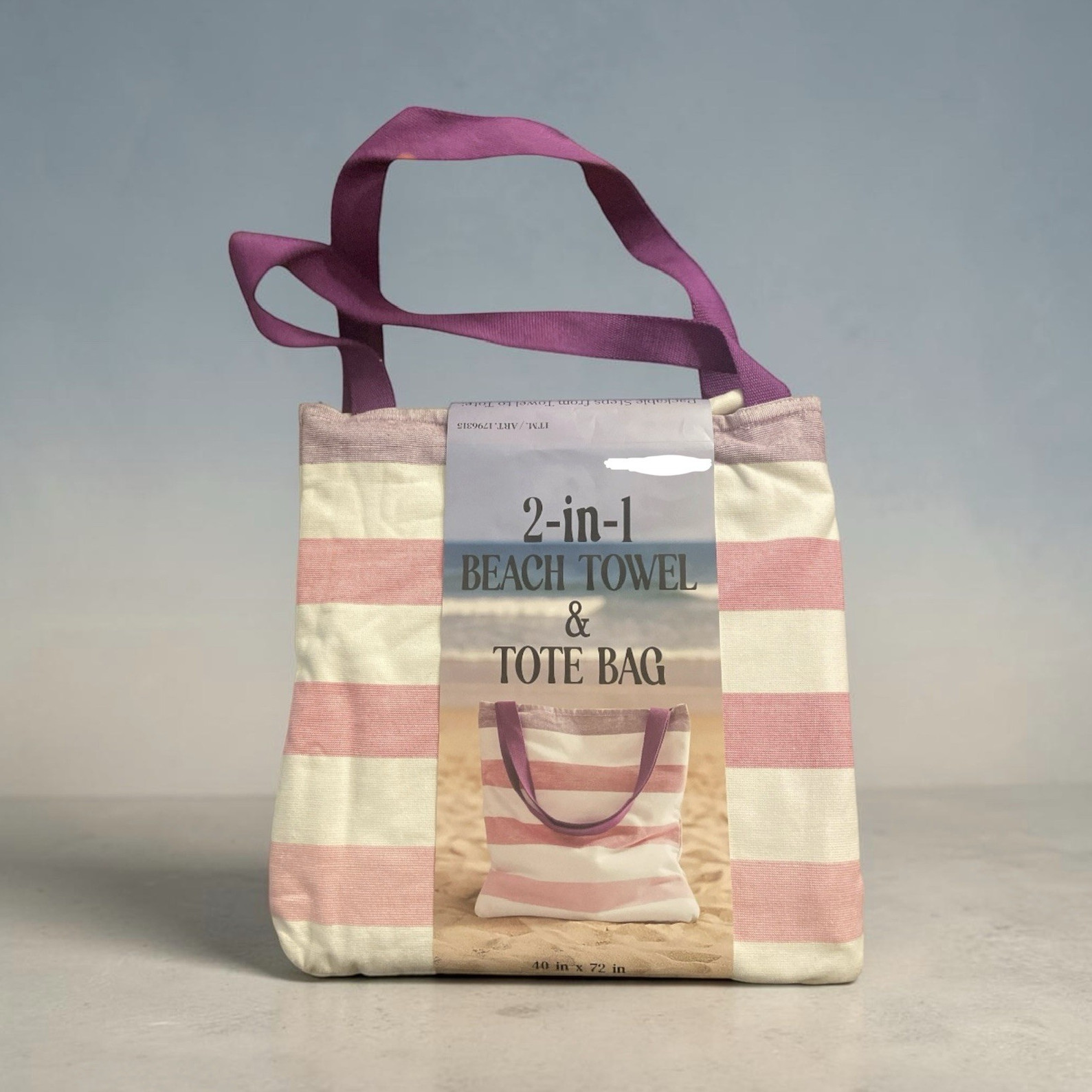 2-in-1 Beach Towel Tote Bag, Pink/White Striped Cotton, Purple Handles