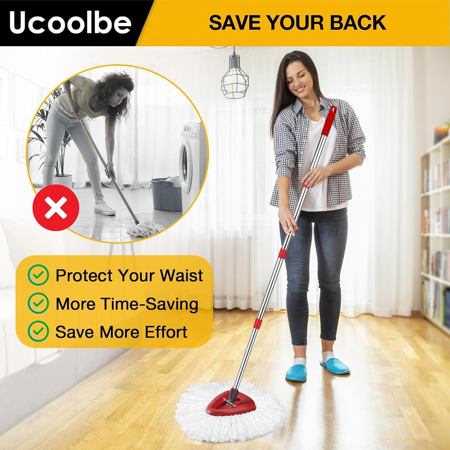 Ucoolbe Spin Mop Replacement Handle for O-Cedar, 4-Section 30″ to 58″ Mop Sti