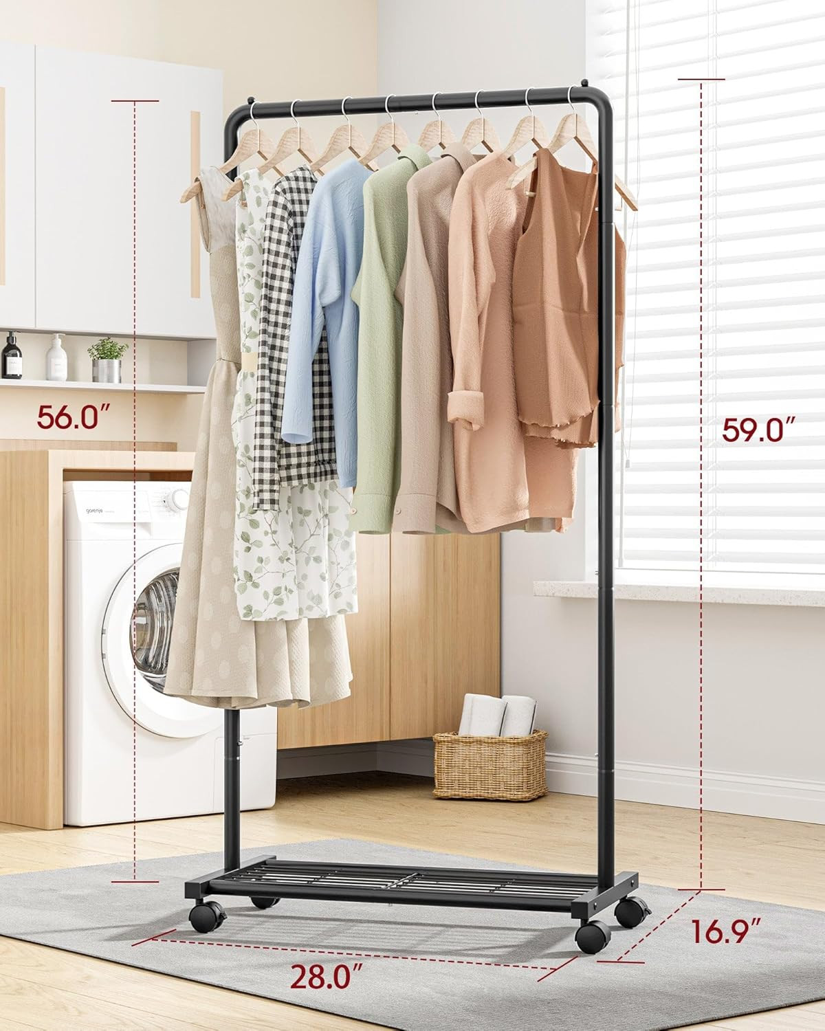 Clothes Rack – Clothing Rack with Storage Mesh Shelf & Casters, Heavy-Duty Metal