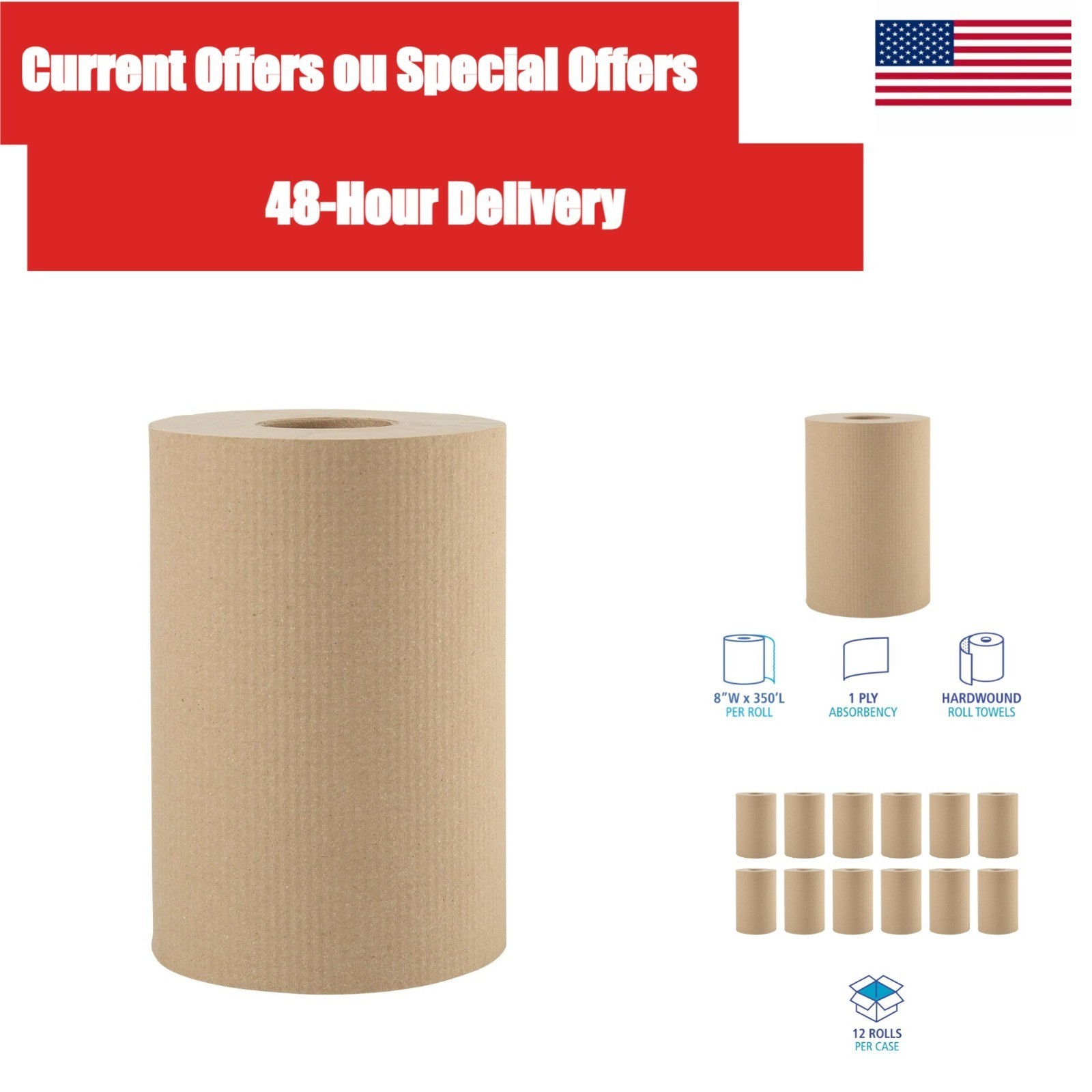 Boardwalk Hardwound Paper Towels 8″ x 350 ft 1-Ply 12 Rolls