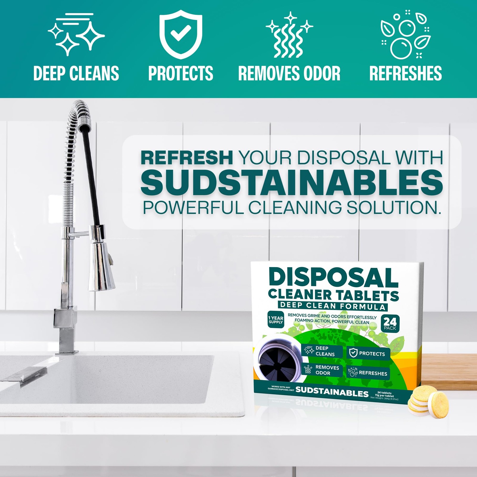 Sudstainables Garbage Disposal Cleaner Tablets 24-Pack – 1 Count (Pack of 1)