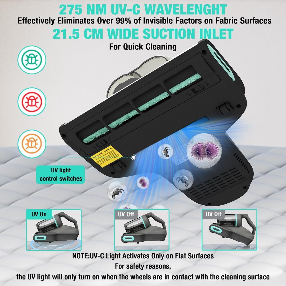 HAUSHOF 400W Mattress Vacuum Cleaner 15Kpa 275nm UV-C Light 140°F Heat Dual Cups