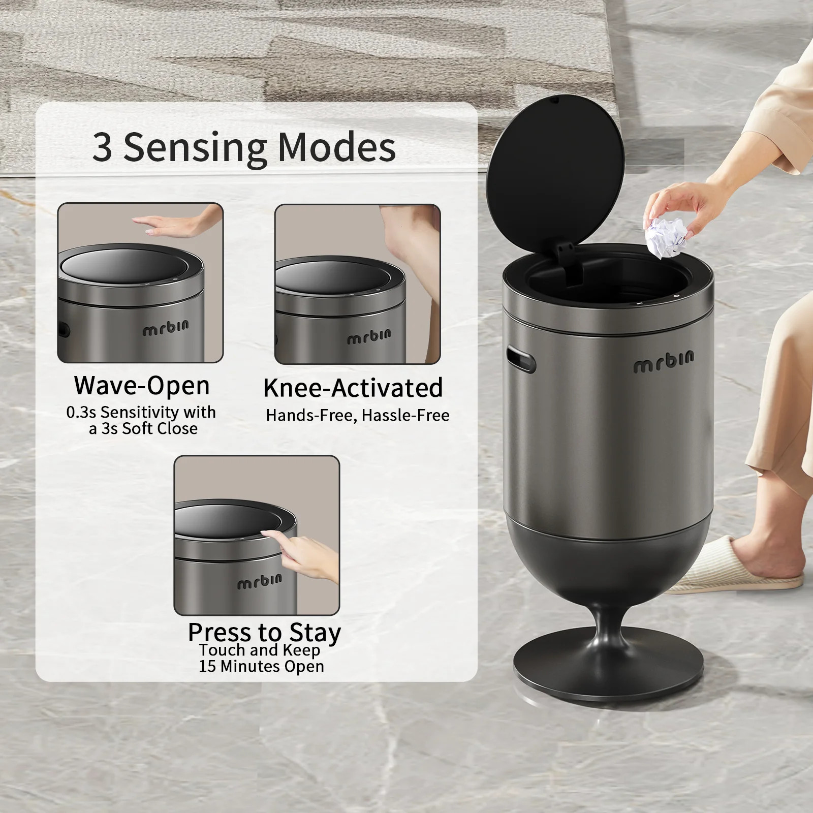 Stainless Steel Motion Sensor Trash Can with Lid, 5.3 Gallon Wine Glass Shaped A