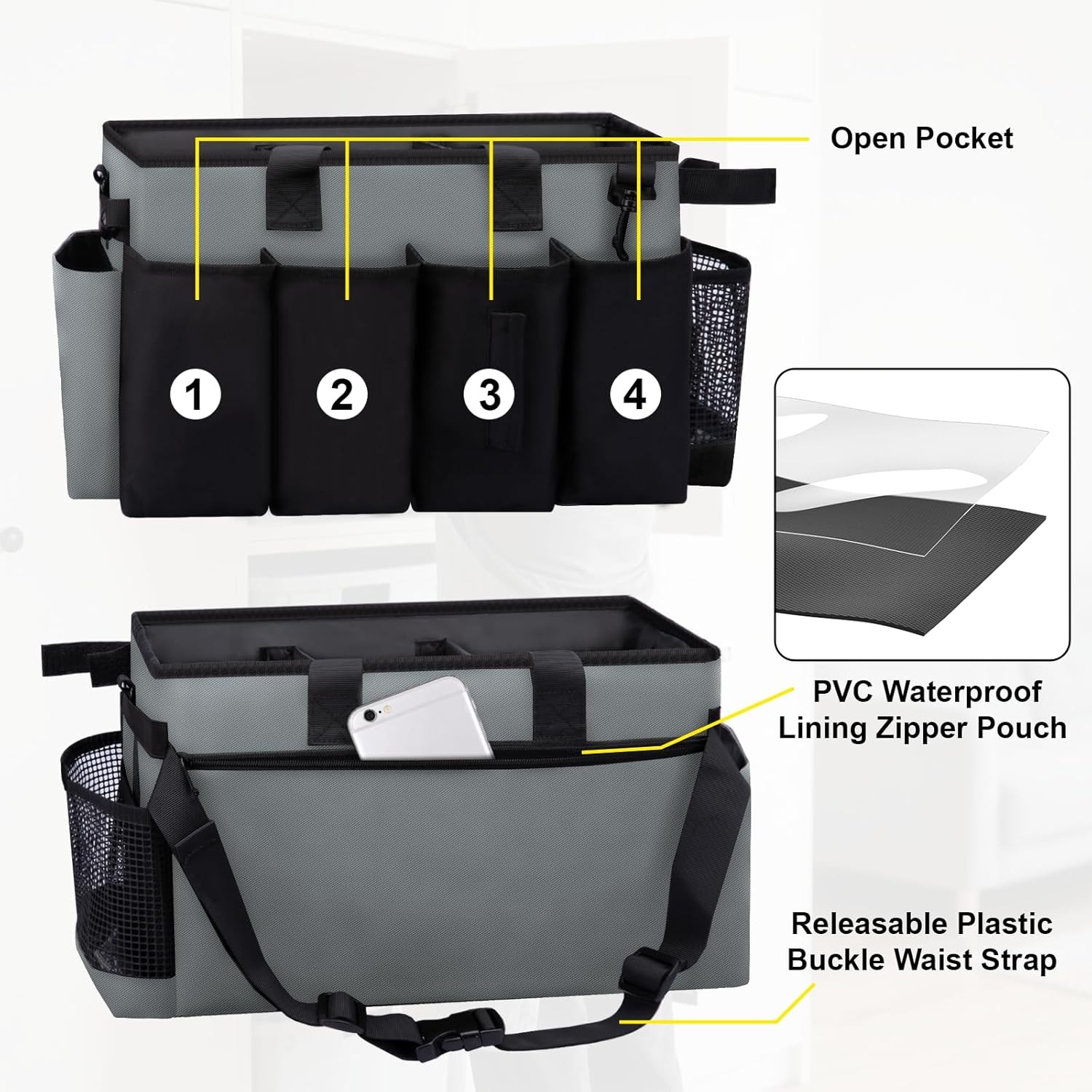 Wearable Cleaning Caddy Bag with Straps Black Gray for Housekeeper Supplies