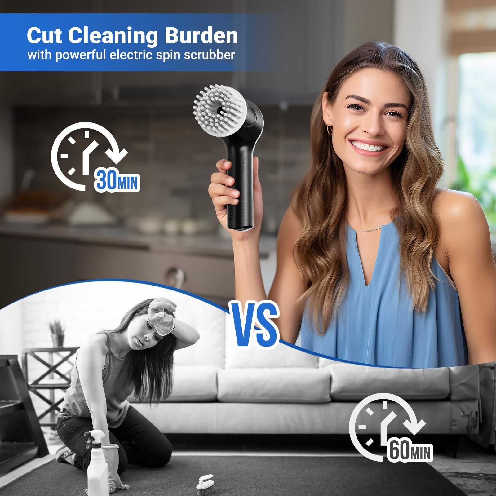 Cordless Electric Spin Scrubber 2 Speed 180 Min Battery Level Display