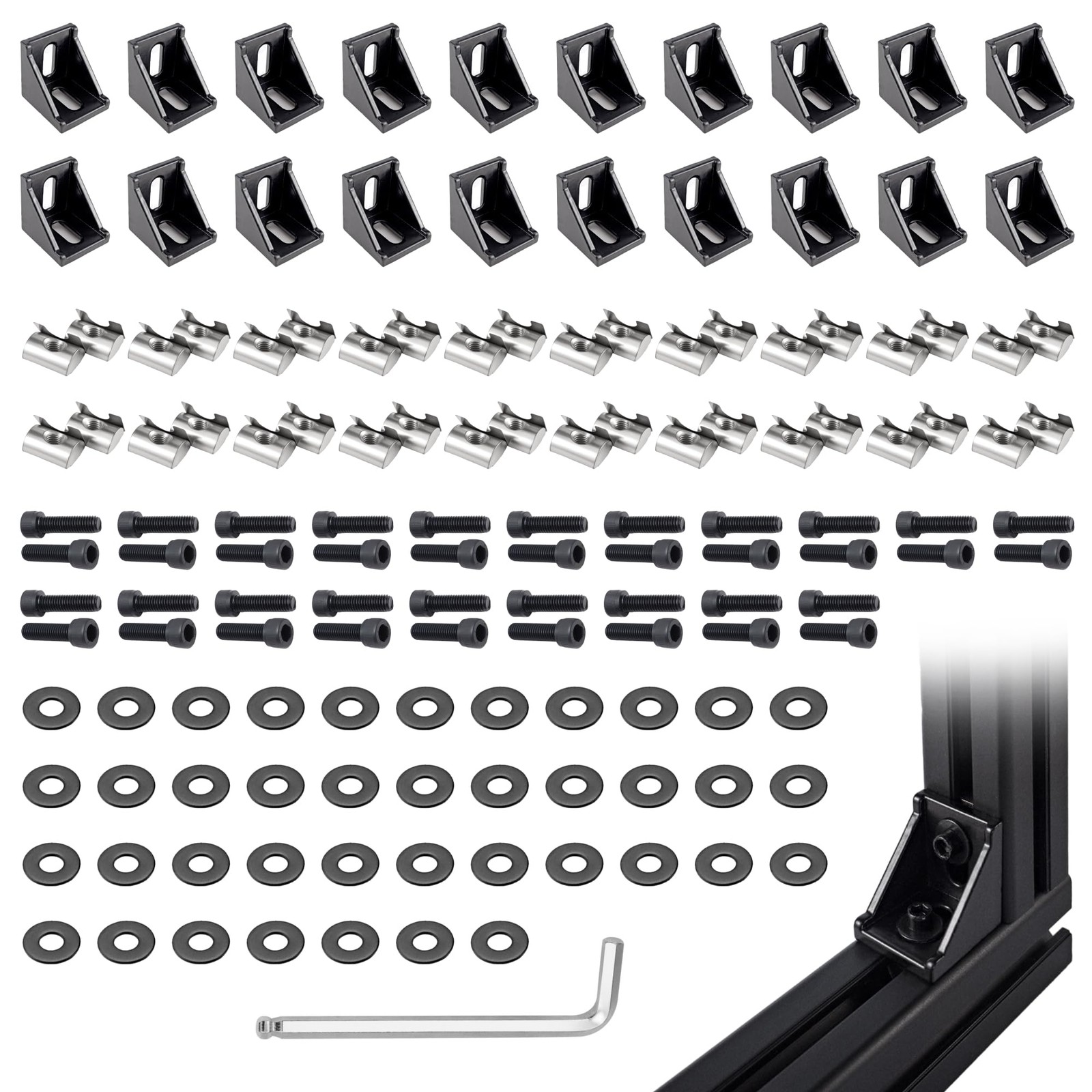 20 PCS Black 4040 Aluminum Extrusion Corner Bracket Kit M6 Spring TNut