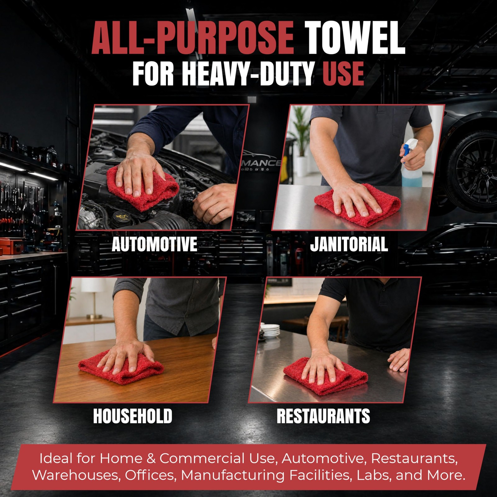 SupremePlus Premium Red 100% Cotton Shop Towels, 12 Pack, 13”x14”, Reusable C…