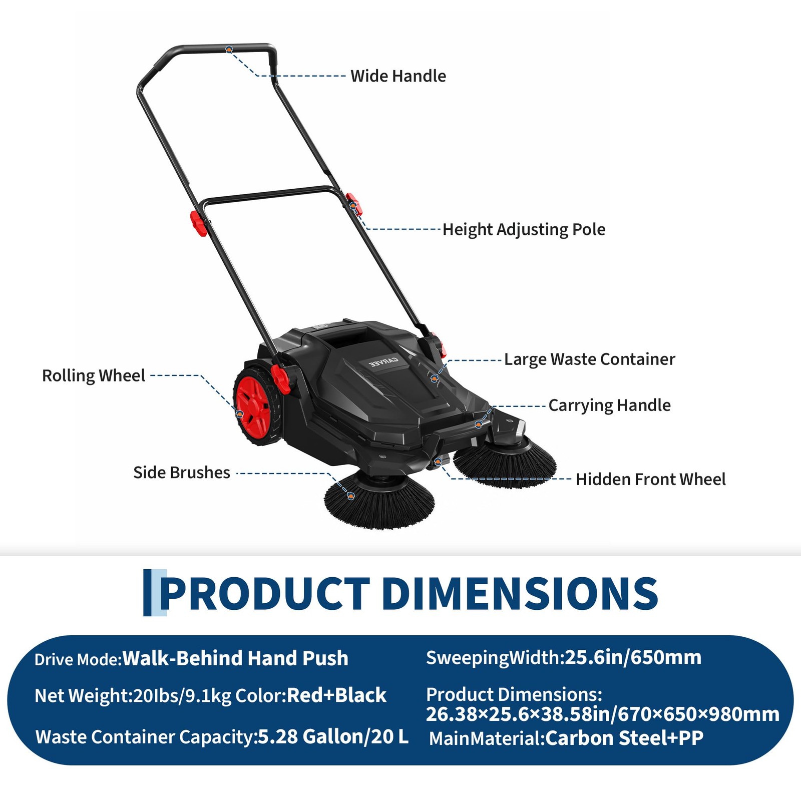 Walk-Behind Hand Push Floor Sweeper ,25.6″ Sweeping Width Manual for Patio Yard