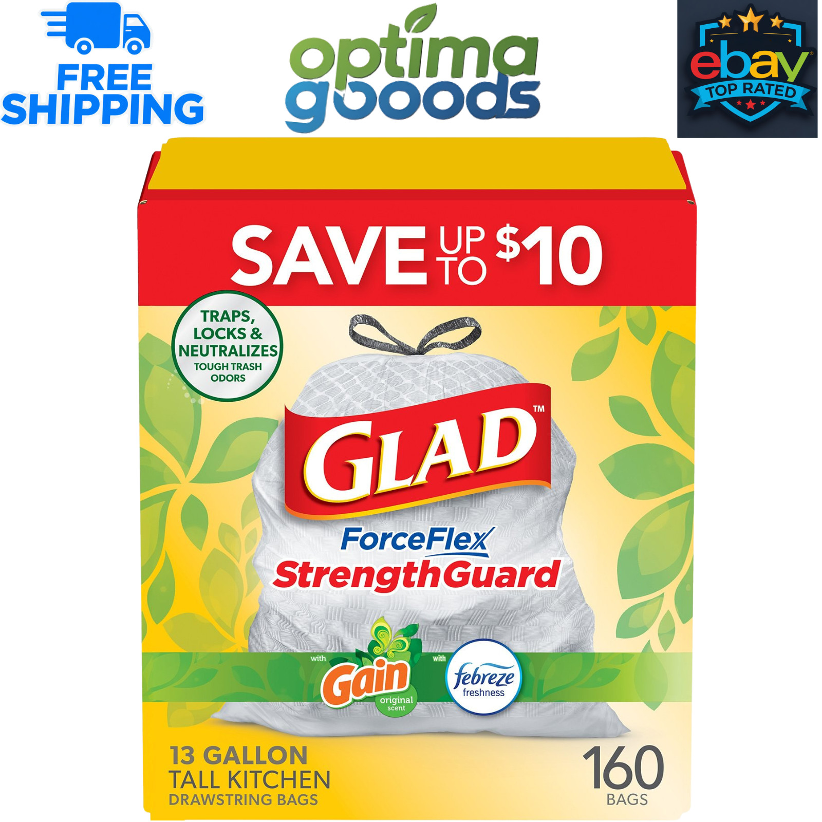 Glad ForceFlex 13 Gallon Tall Kitchen Trash Bags Gain, Original Scent, 160 Count