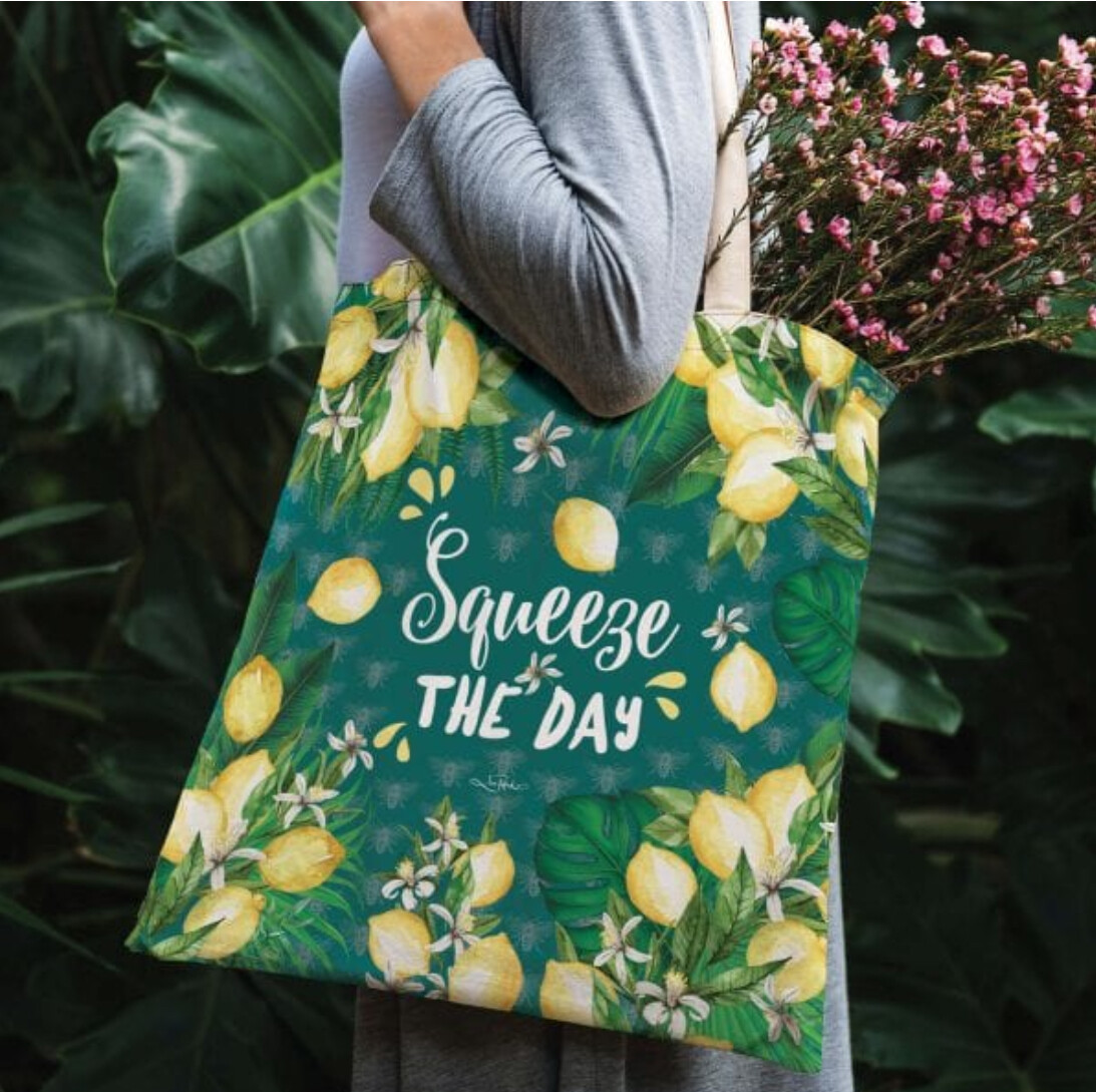 Re Use Poly Linen Shopping Bag Squeeze the Day lemons By Lisa Pollock
