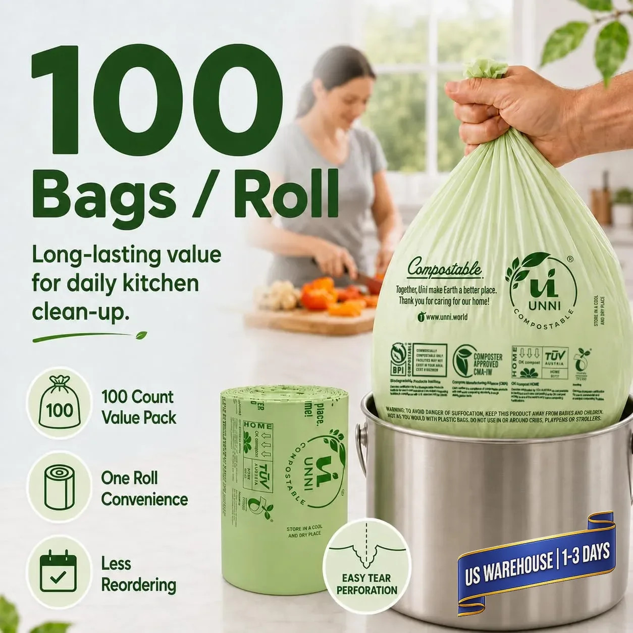 Compostable Trash Bags, 2.6 Gallon / 9.84 Liter, 100 Count, Extra Thick 0.7