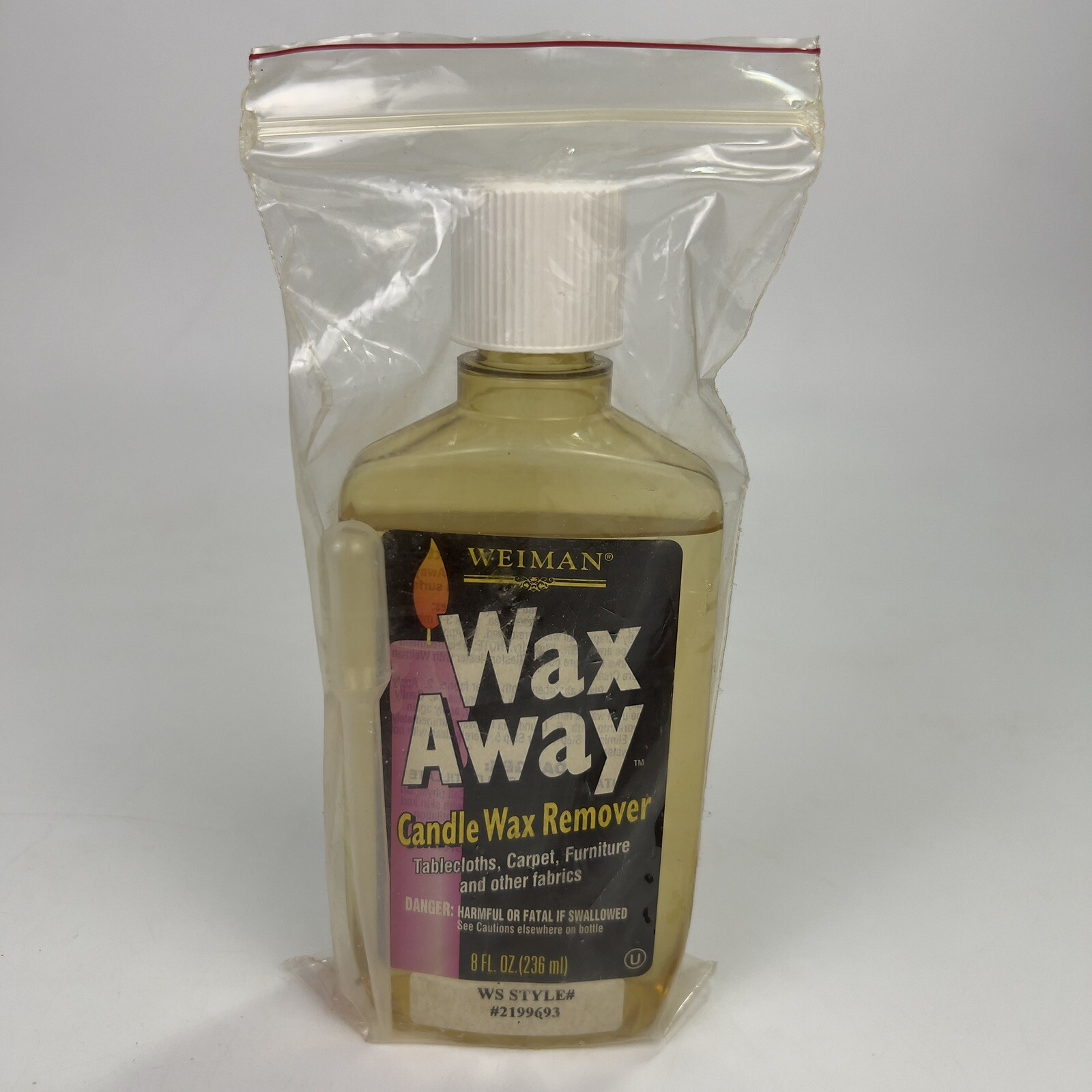 Weiman Wax Away Candle Wax Remover Fabrics 8 FL. OZ. White Cap Bottle 90% Full