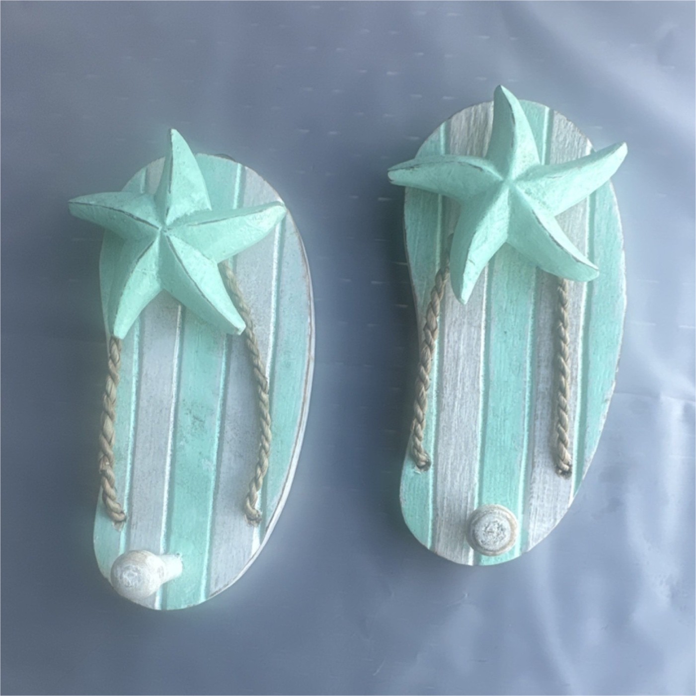 Mint Green White Wood Flip-Flop Starfish Wall Hooks Set of 2 Coastal