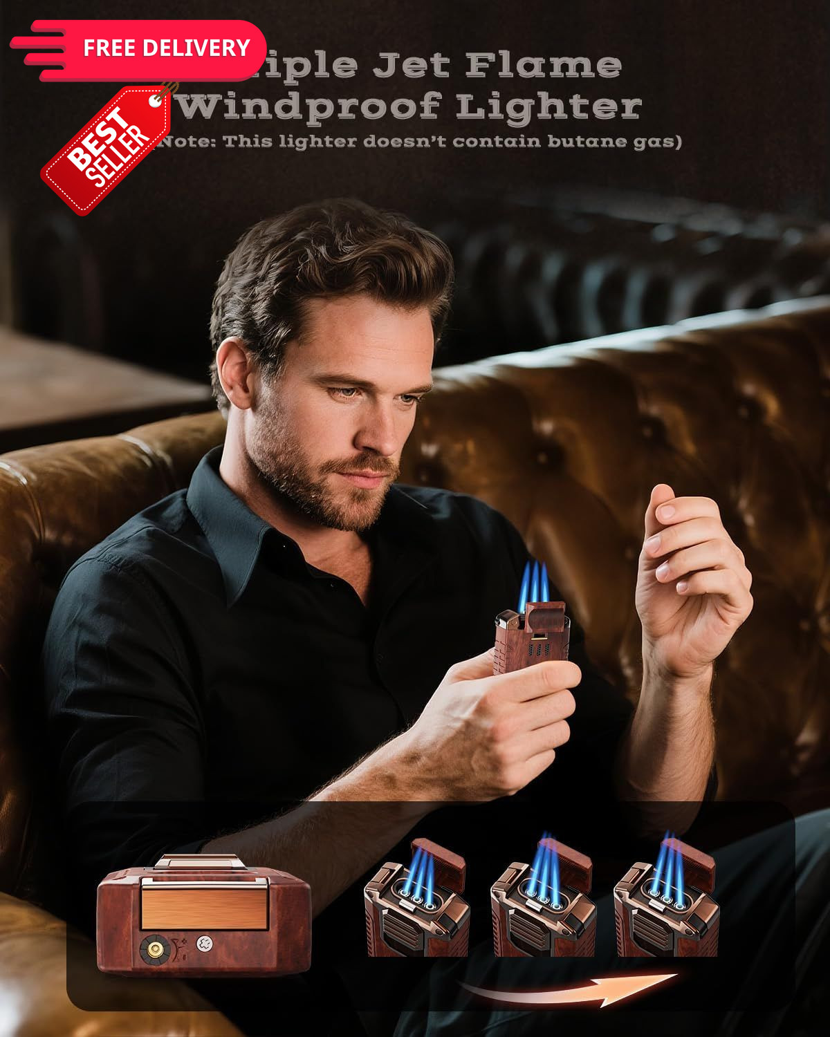 5-in-1 Torch Lighter with Cutter, Punch, 3.35*1.67*0.92 inches, Redwood