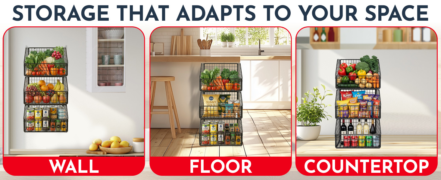 3-Tier Wall Hanging Fruit Baskets for Kitchen Organizing Fruits and Vegetables,
