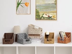 Wicker Storage Baskets, Waterproof Wicker Basket with Handles, Trapezoid Woven