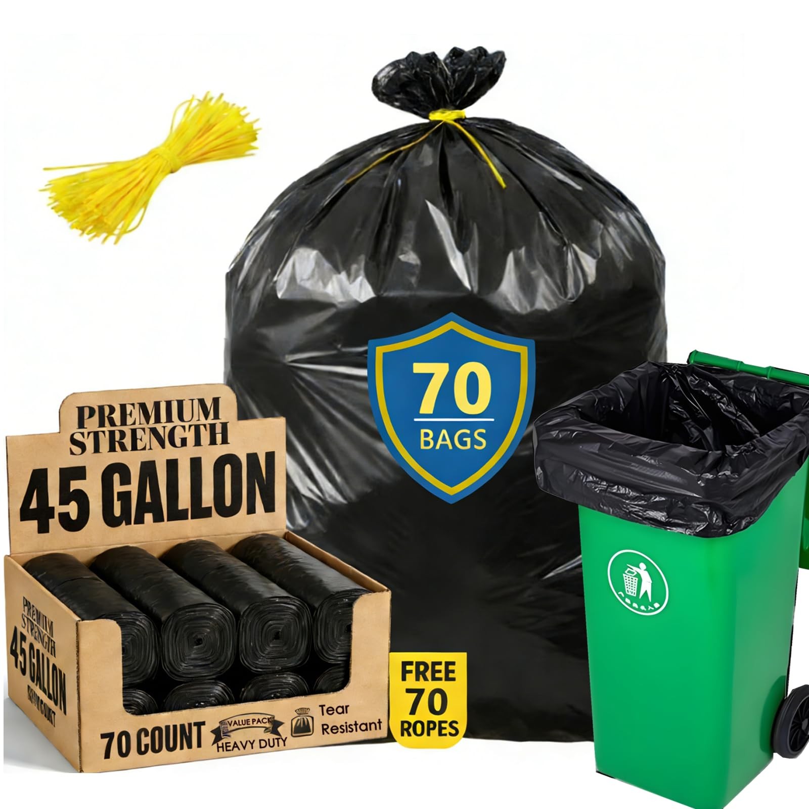 45 Gallon Trash Bags, Heavy Duty Large Plastics Garbage Bags, 70 Count 2.0 Mil E